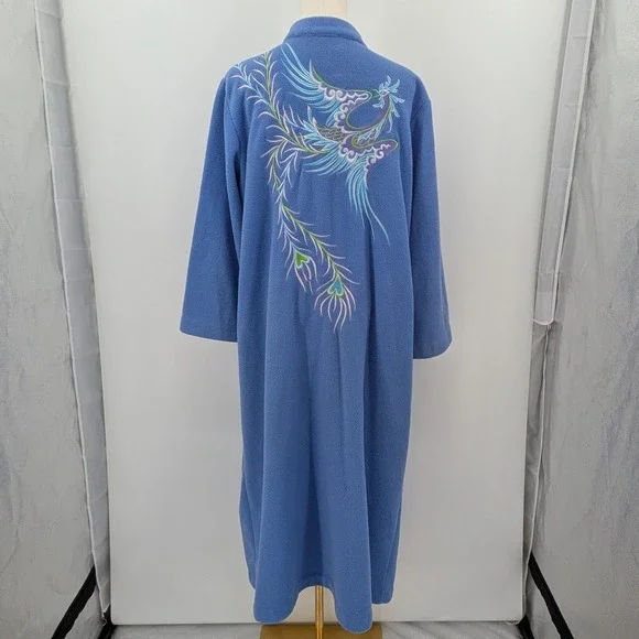 Boho Bob Mackie Wearable Art Peacock‎ Fleece Robe Sz. L Blue embroidered